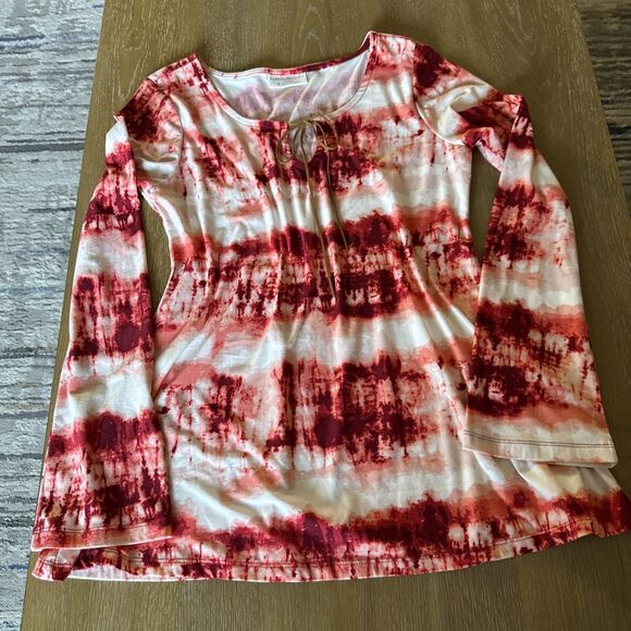 Bobbie Brooks Women’s Small Boho Tie Dye Shirt Bell Sleeve Faux Suede Tie Red - Picture 2 of 13